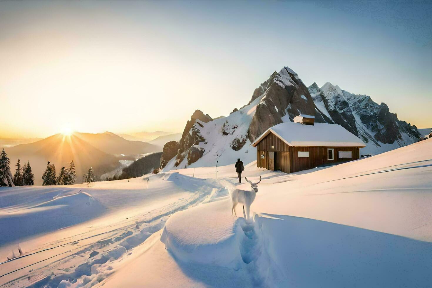 a man and his dog walking in the snow near a cabin. AI-Generated photo