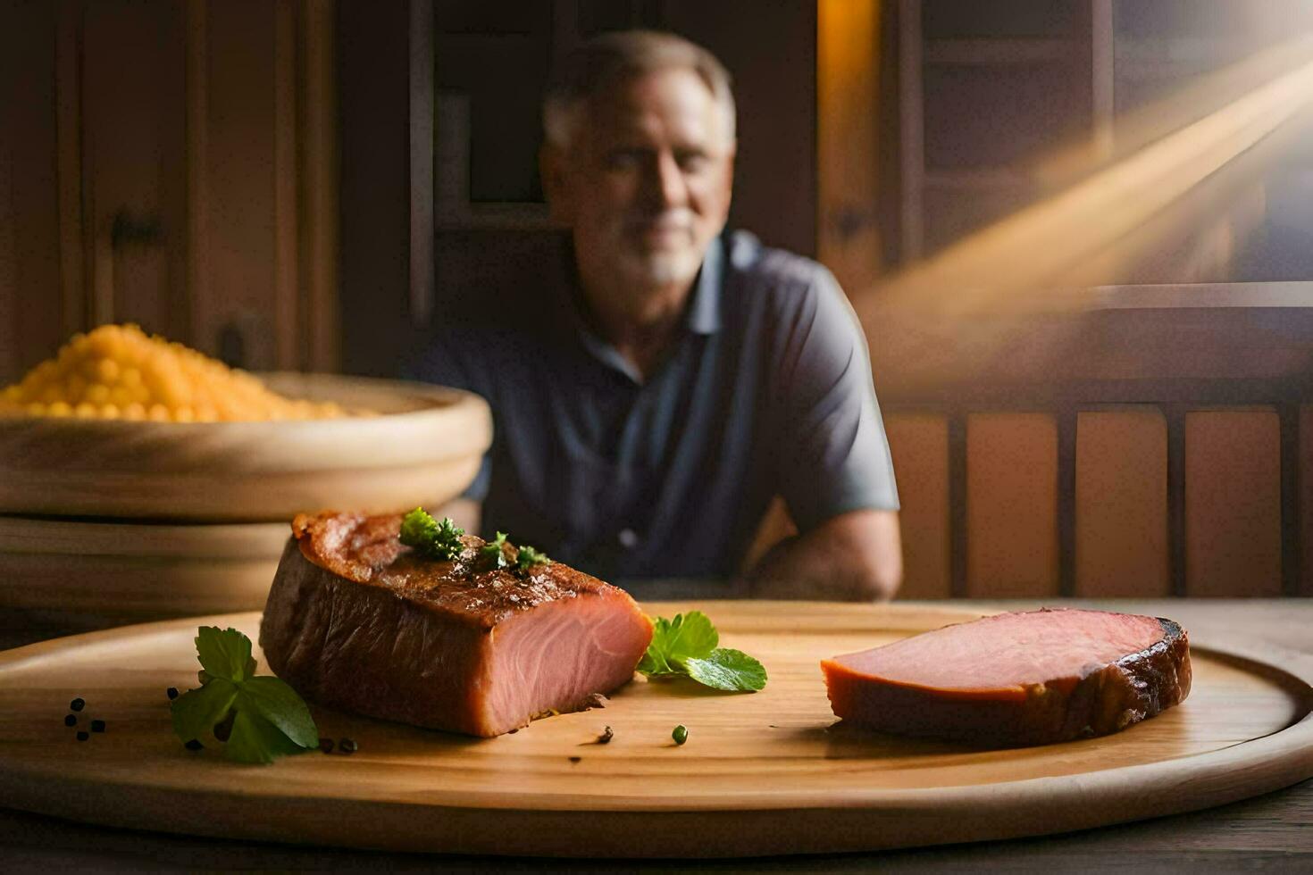 a man sitting in front of a table with a piece of meat. AI-Generated photo
