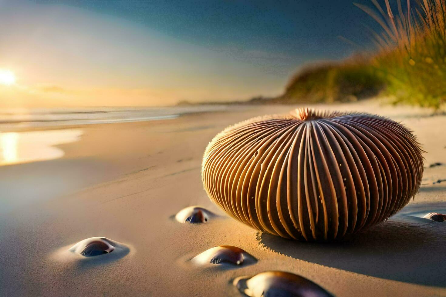 photo wallpaper sea, the beach, sand, shells, the sun, the sea, the beach. AI-Generated