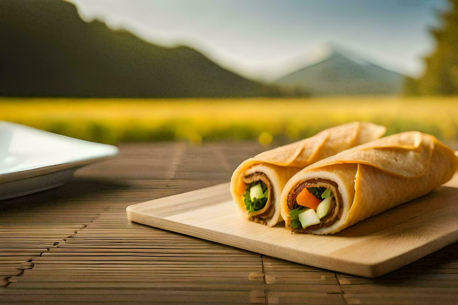 a roll of food on a wooden cutting board. AI-Generated photo