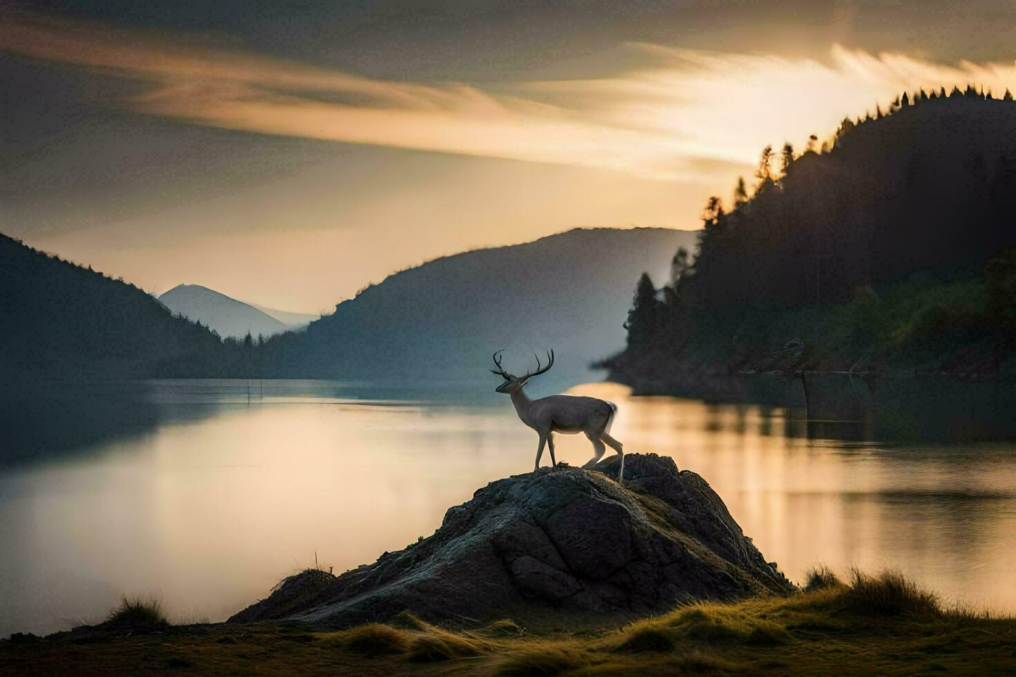 un ciervo soportes en un rock con vista a un lago a puesta de sol. generado por ai foto