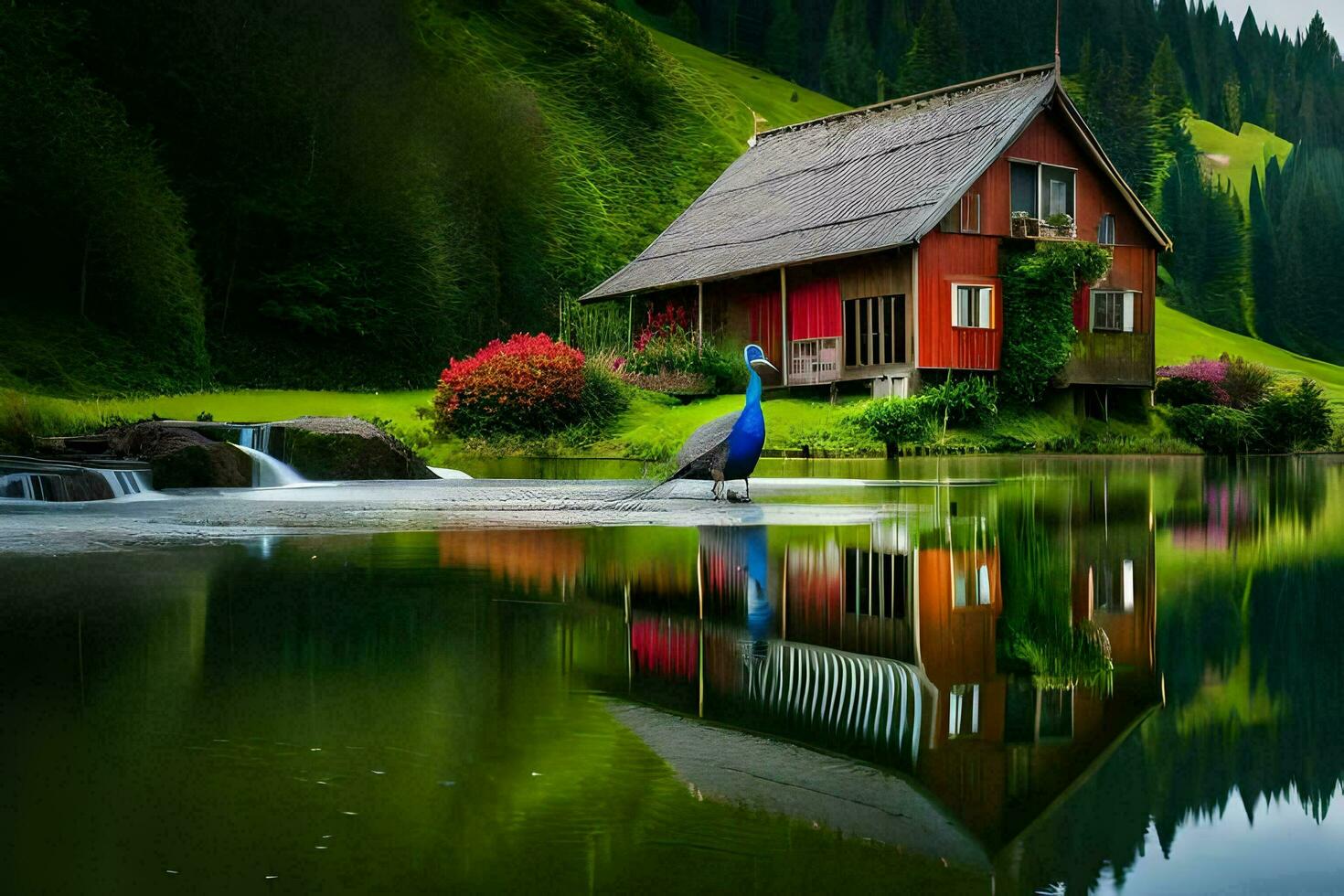 photo wallpaper water, the sky, the mountains, the house, the water, the house,. AI-Generated