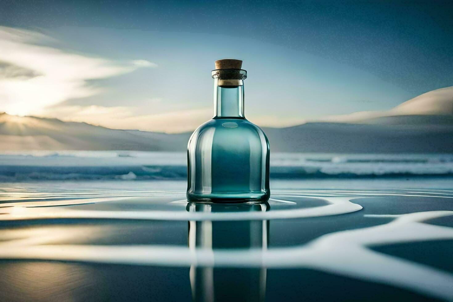 a bottle of water sits on the beach with a sunset in the background. AI-Generated photo