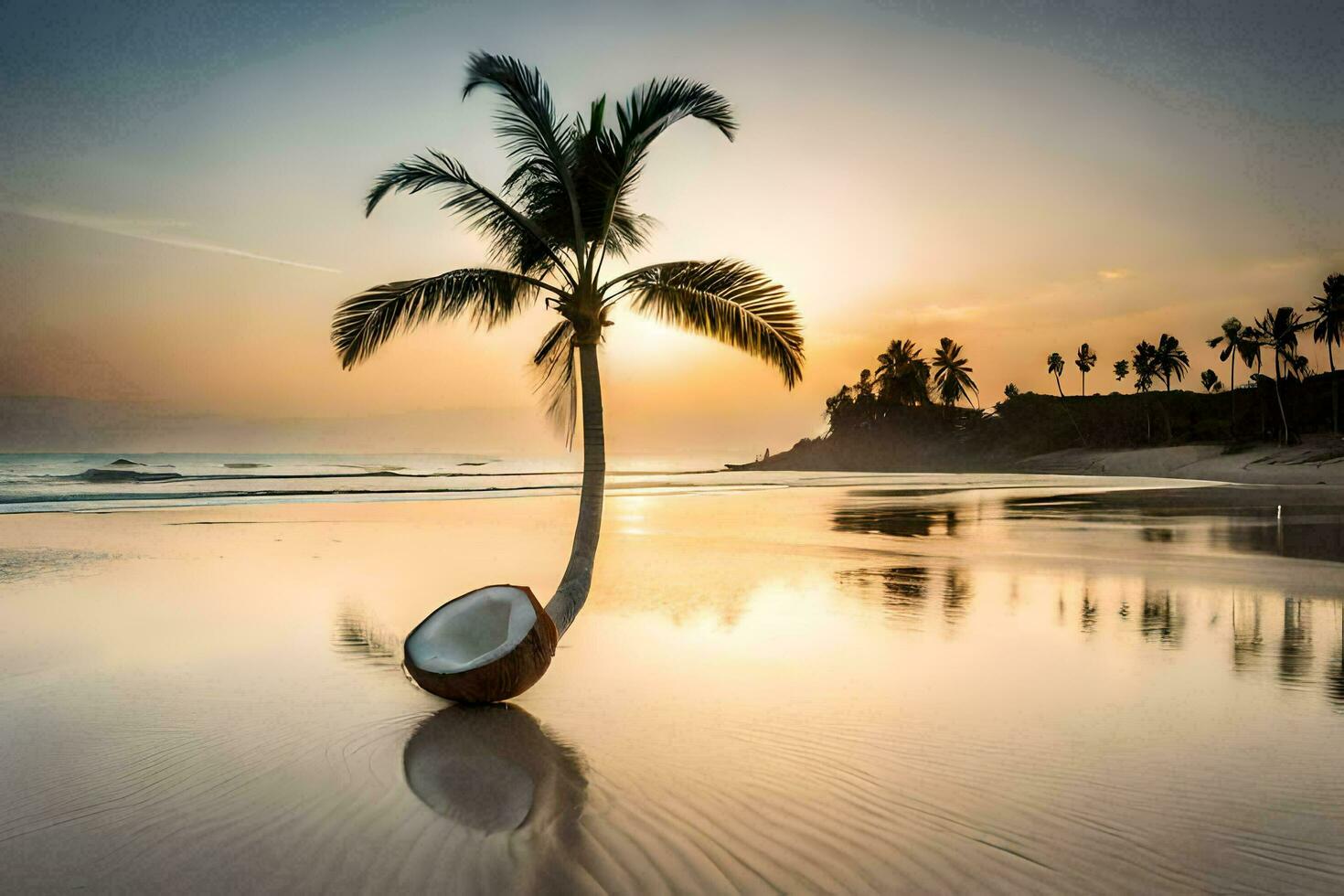 the coconut tree on the beach at sunset. AI-Generated photo