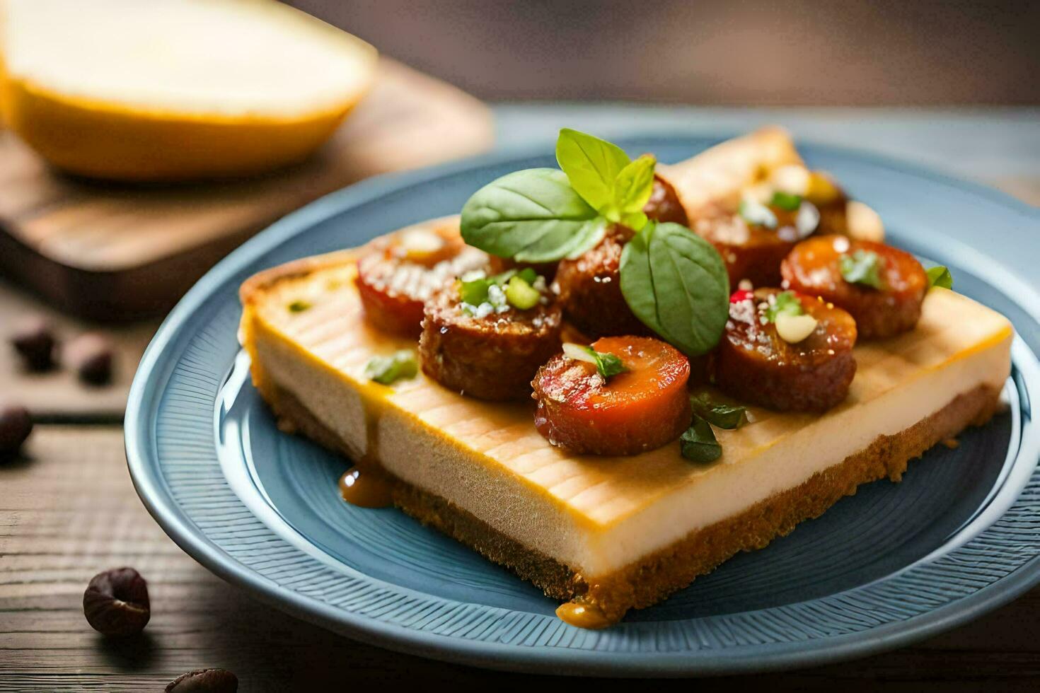 a slice of cheesecake with sausage and herbs. AI-Generated photo