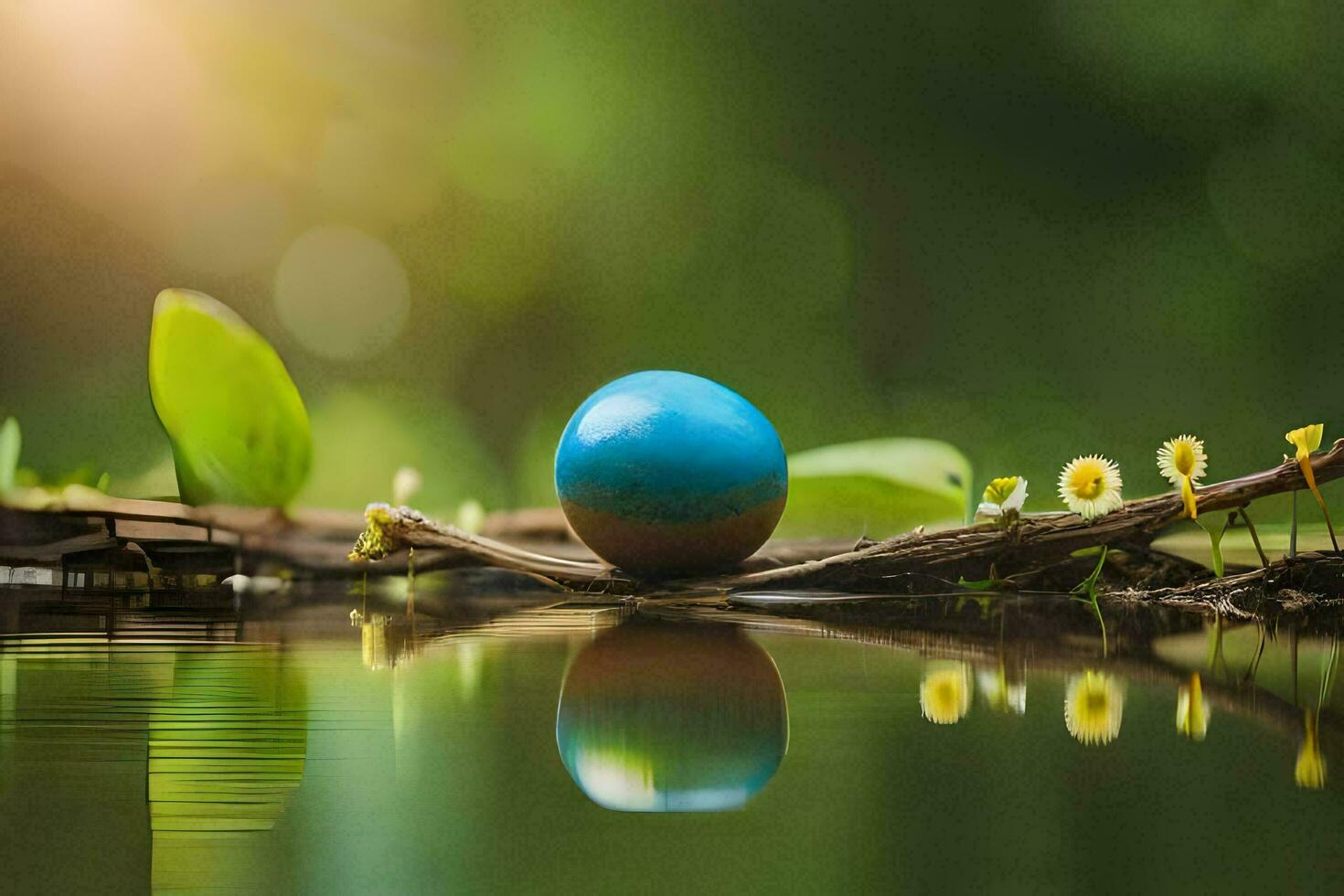 photo wallpaper water, the sun, the green, the flowers, the water, the reflection,. AI-Generated