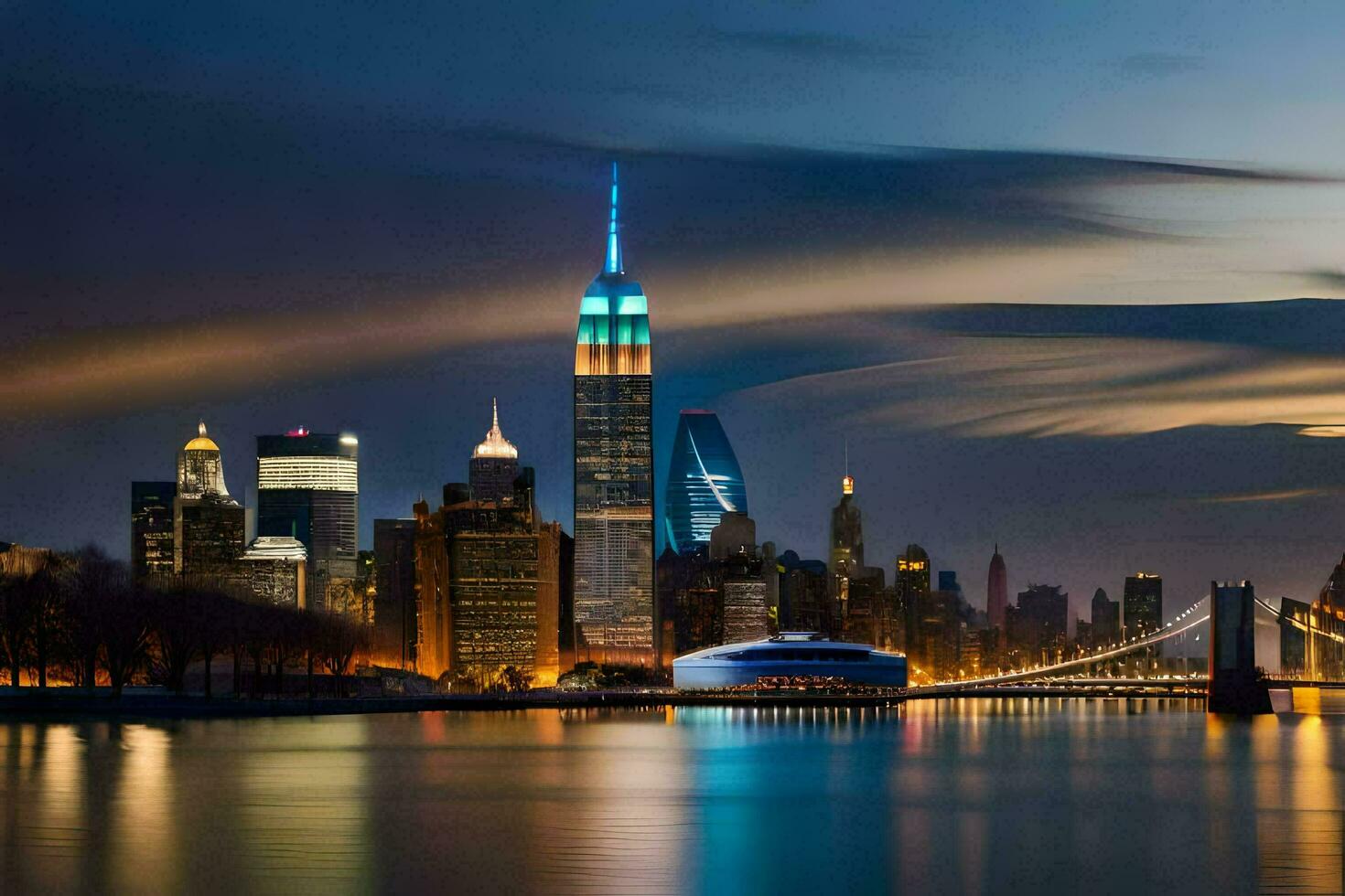 the manhattan skyline at night with the brooklyn bridge in the foreground. AI-Generated photo