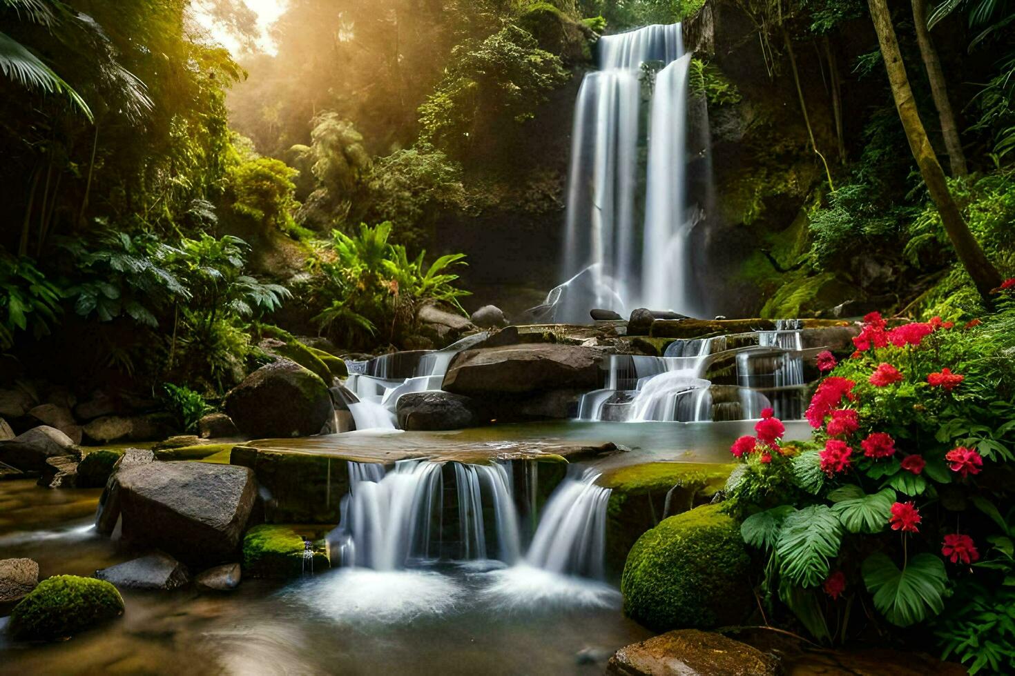 beautiful waterfall in tropical jungle with flowers and rocks. AI-Generated photo