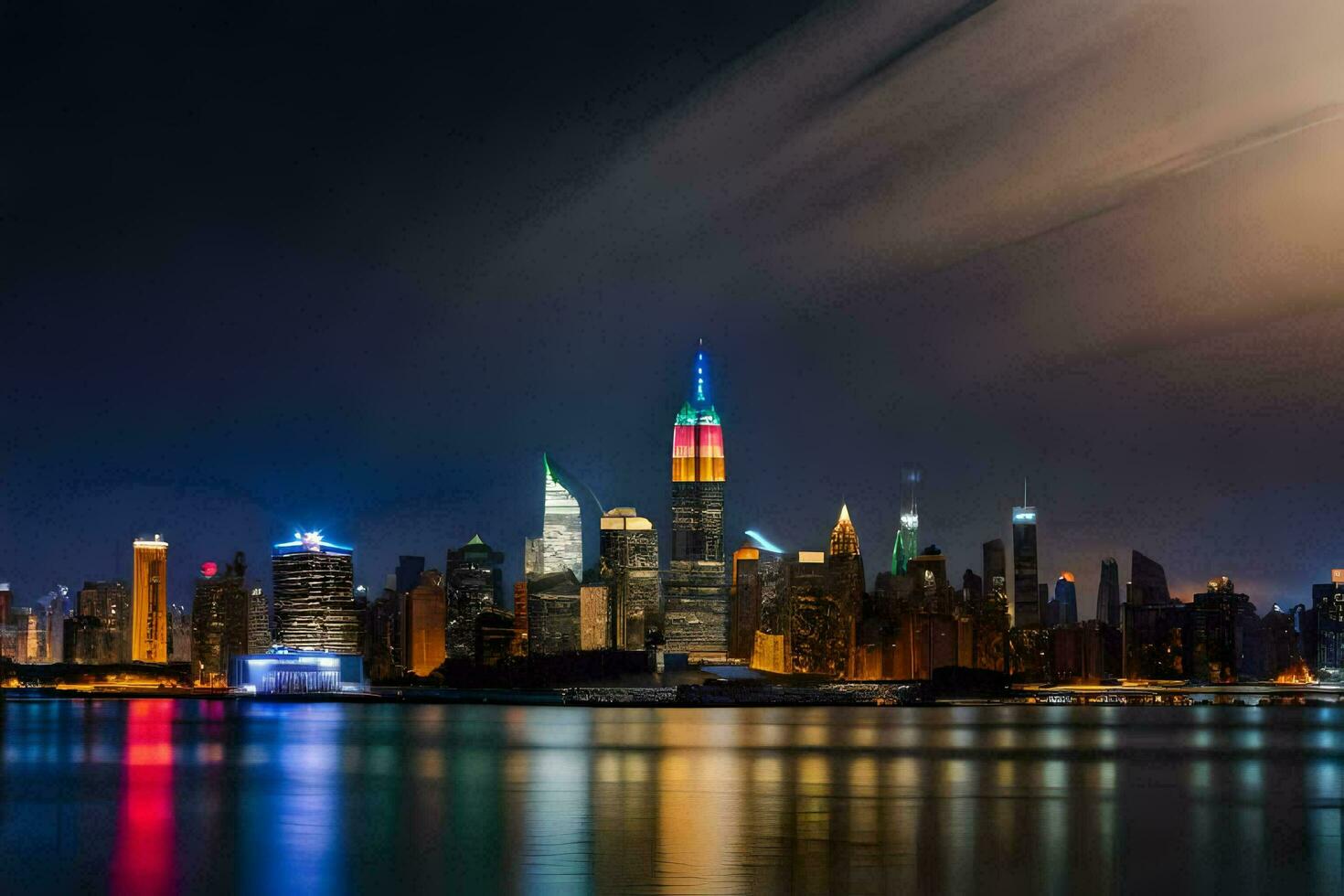 the city skyline at night with a bright moon. AI-Generated photo