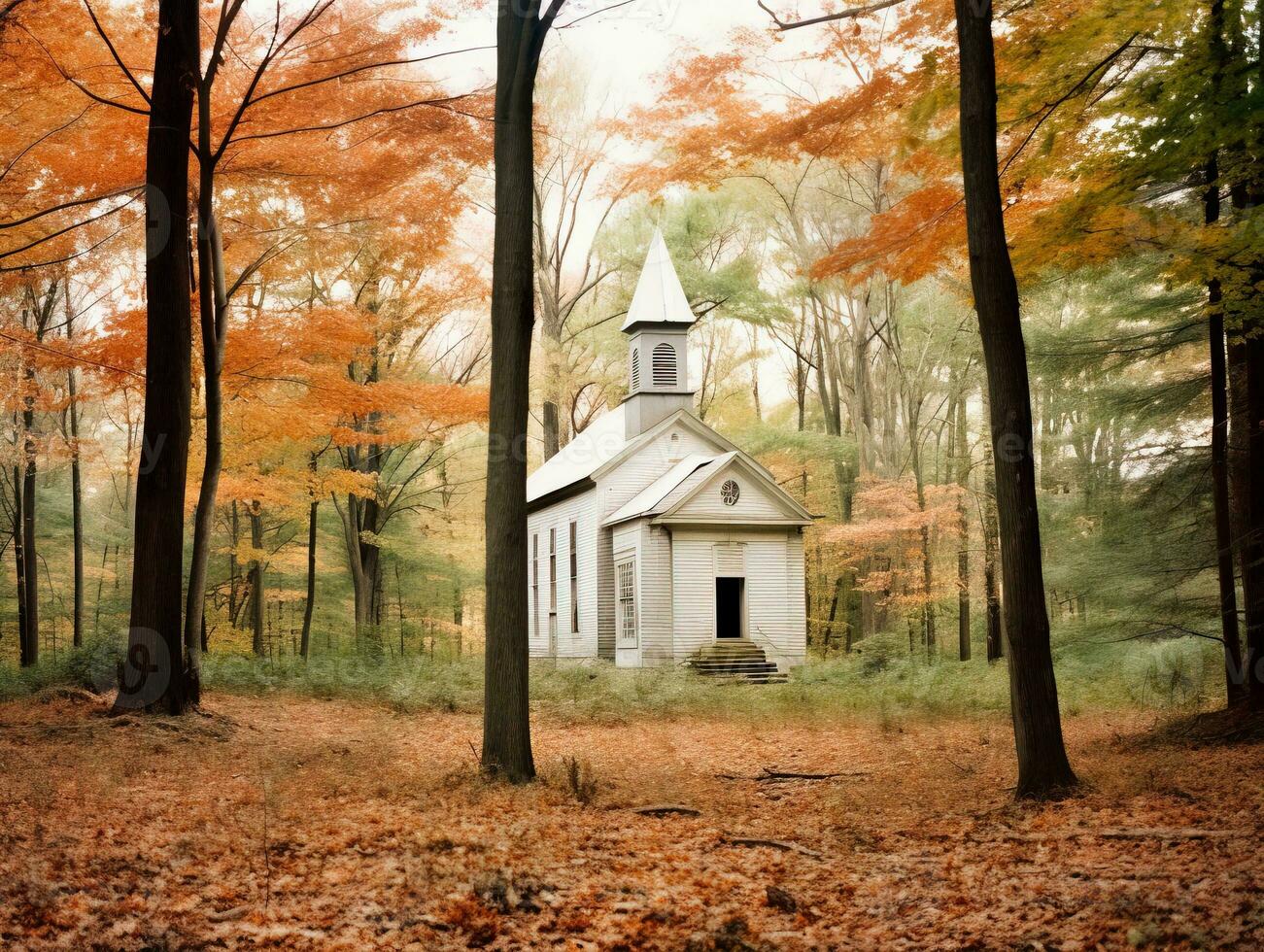 A small white wooden Protestant church in an autumnal American forest in New Hampshire   generative AI photo