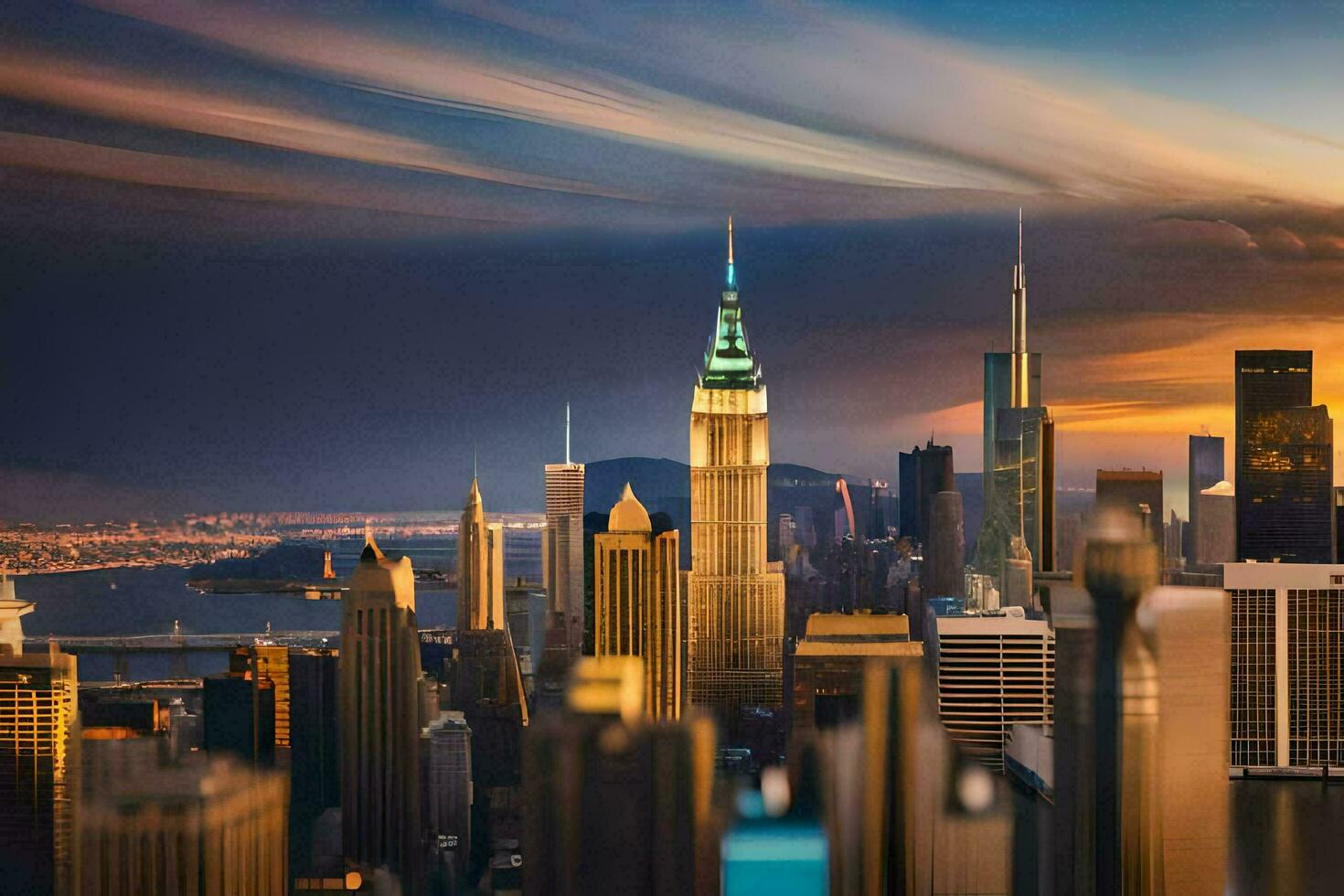 the city skyline at sunset with clouds in the sky. AI-Generated photo