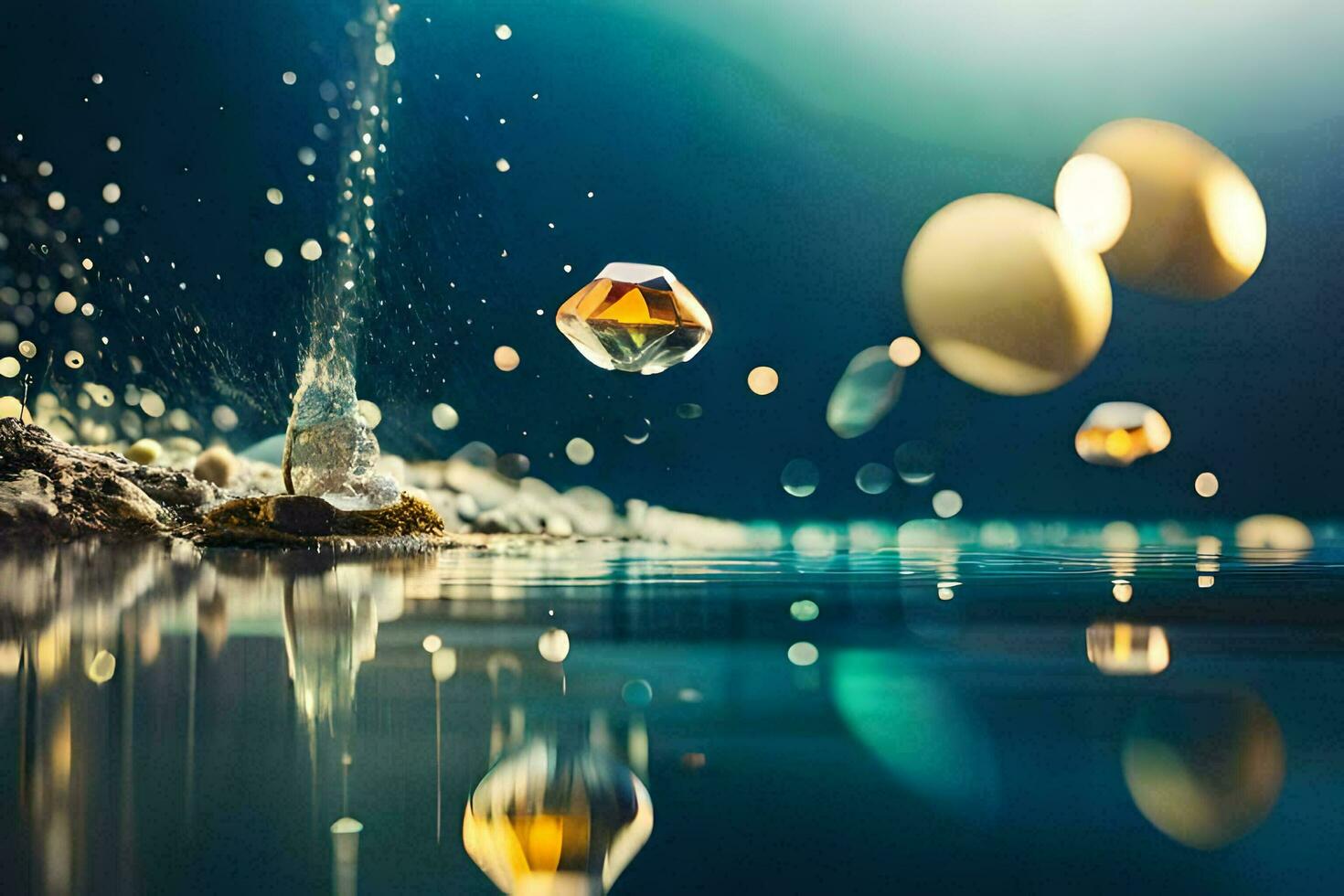 a diamond is falling into water with bubbles. AI-Generated photo