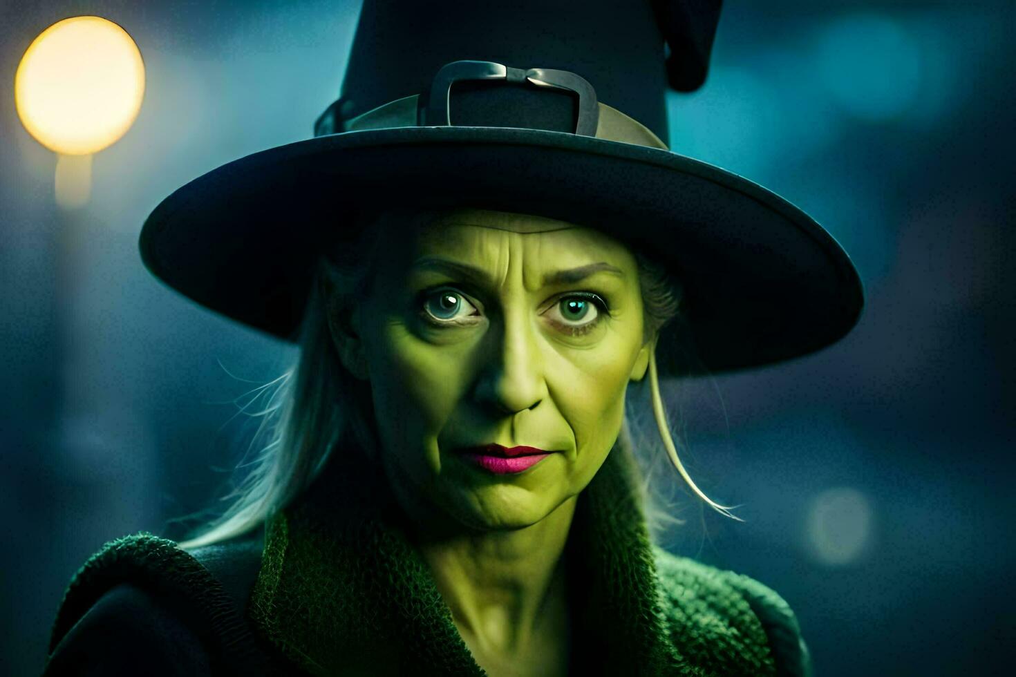 a woman in a witch hat and green makeup. AI-Generated photo