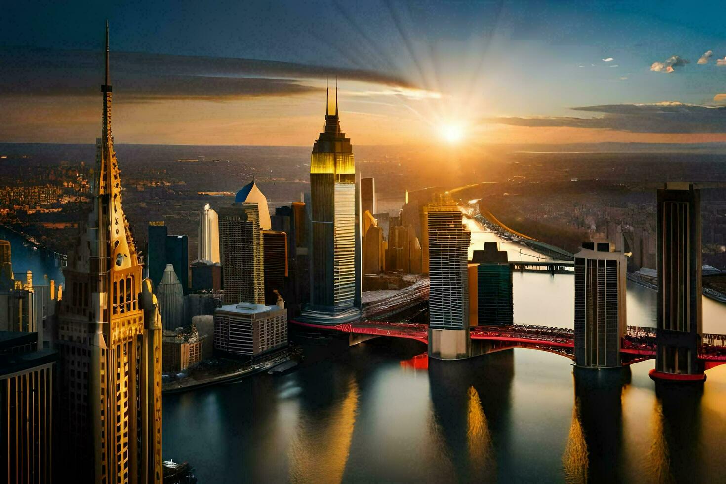 the sun rises over the city skyline in new york. AI-Generated photo