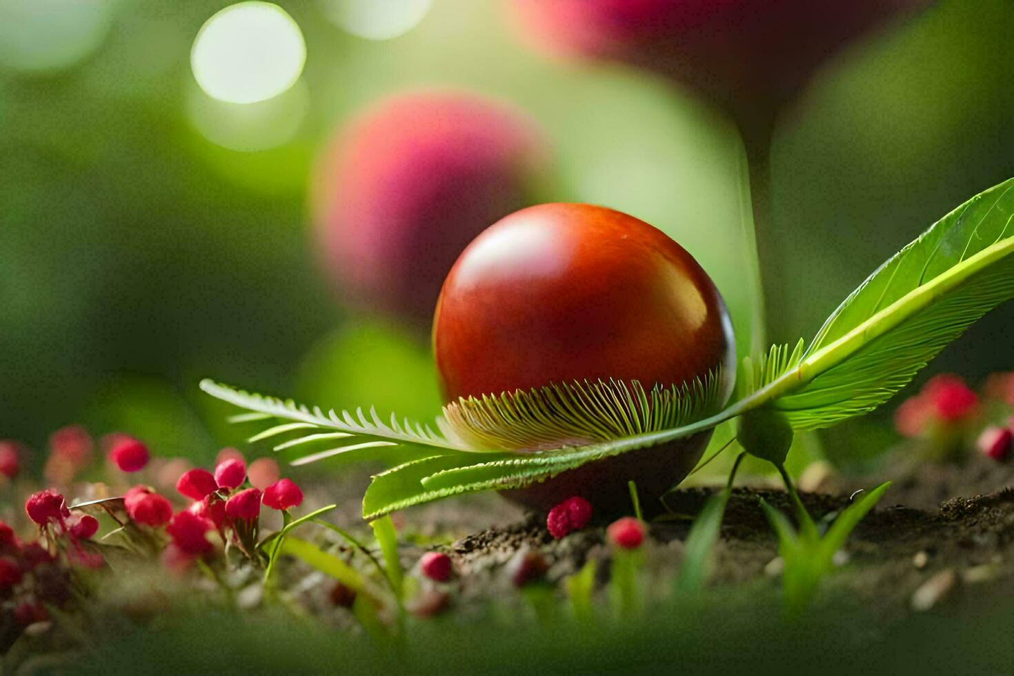 a red egg on the ground with red berries. AI-Generated photo