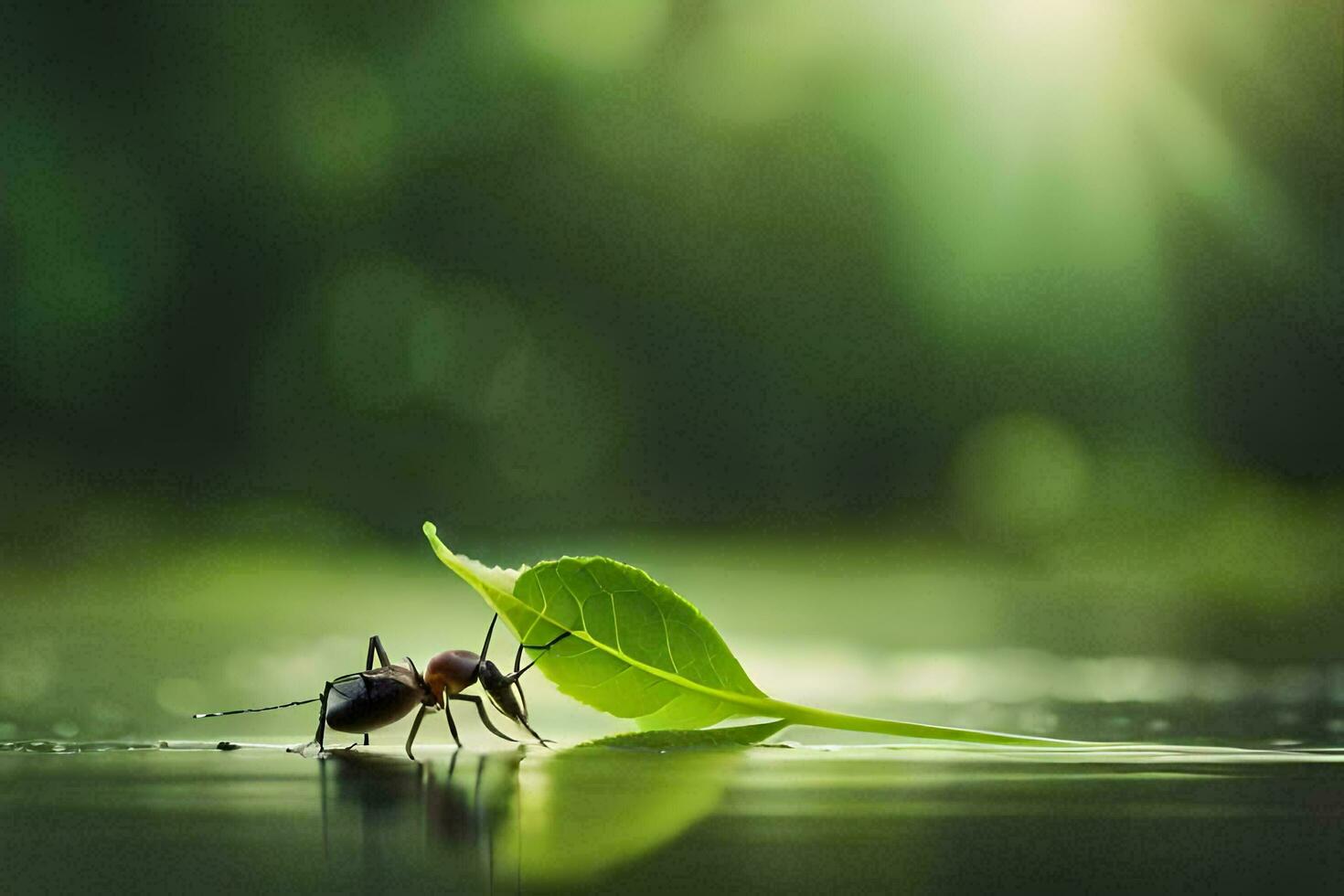 a small ant is standing on a leaf in the water. AI-Generated photo