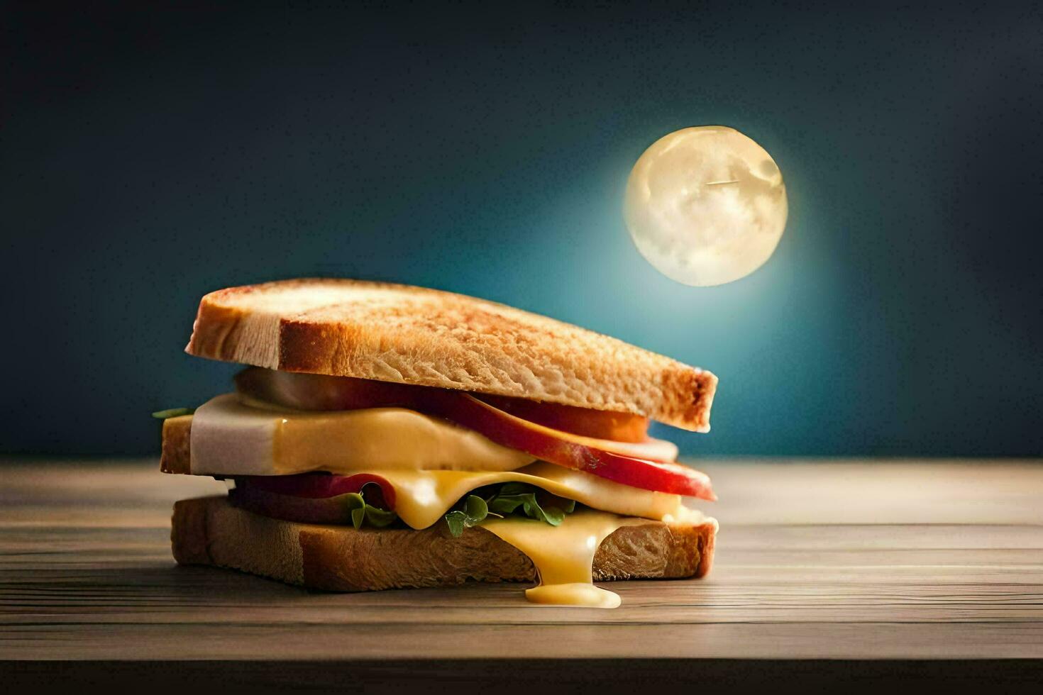 a sandwich with cheese and apples on a wooden table. AI-Generated photo
