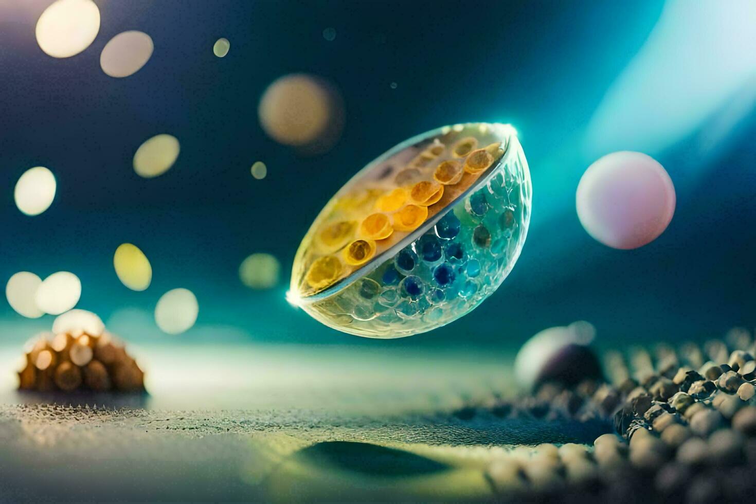 a ball with a colorful design floating in the air. AI-Generated photo