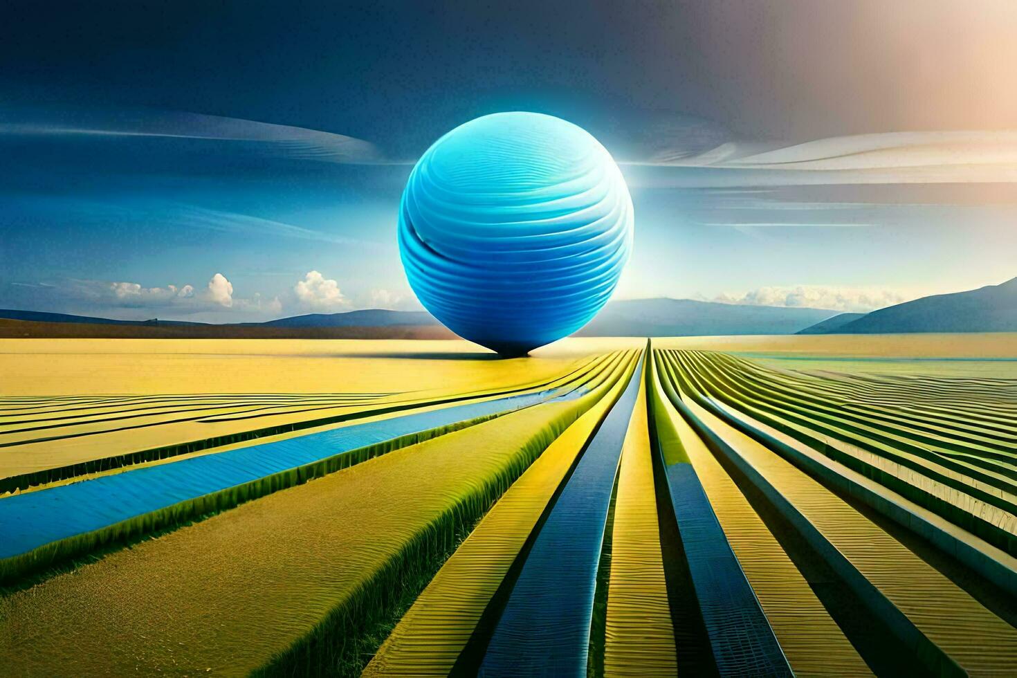 a blue sphere is sitting on top of a field. AI-Generated photo