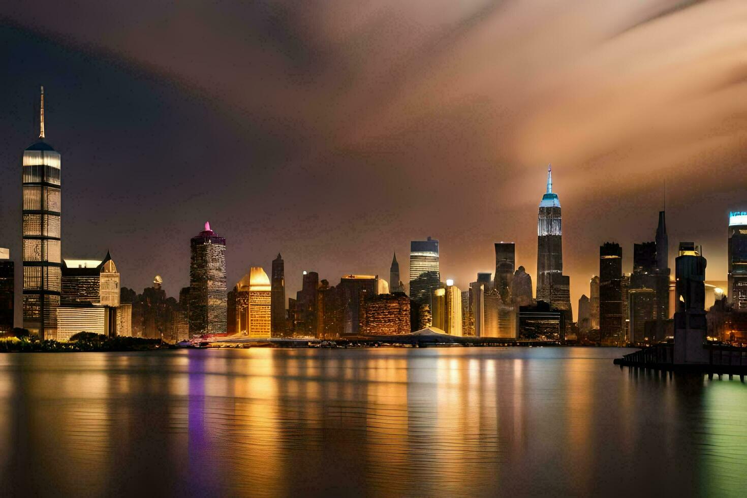 the city skyline at night with clouds and water. AI-Generated photo