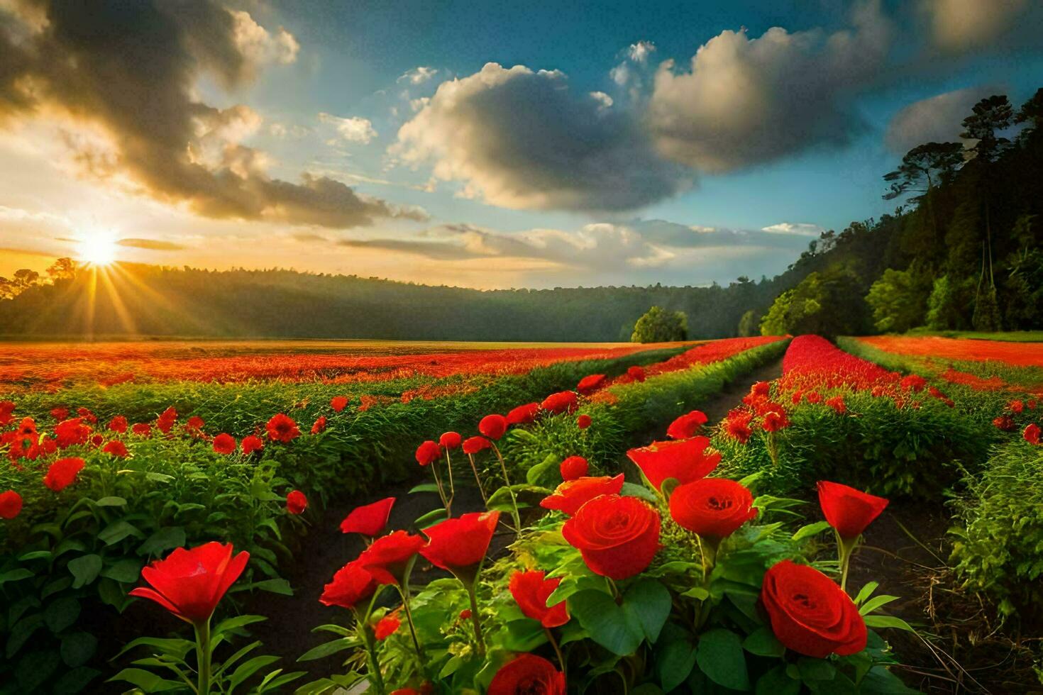 red flowers in a field at sunset. AI-Generated photo
