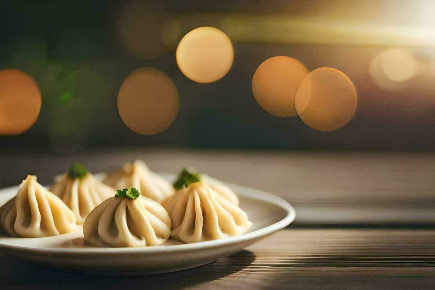 dumplings on a plate with bokeh in the background. AI-Generated photo