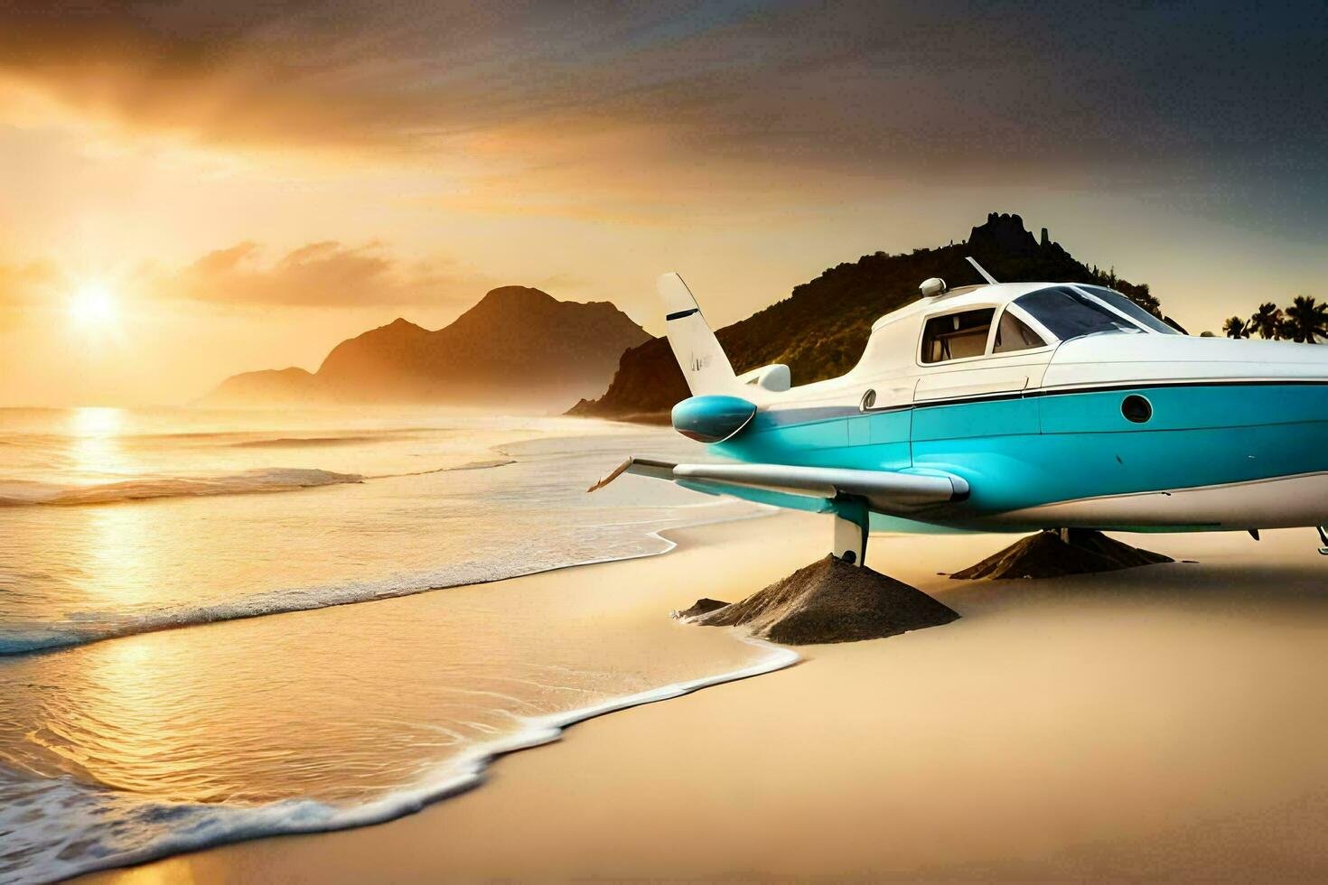 un pequeño avión se sienta en el playa a puesta de sol. generado por ai foto