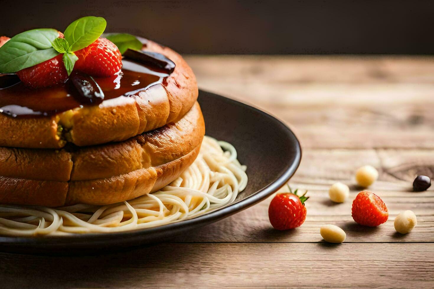 a plate with spaghetti and strawberries on it. AI-Generated photo