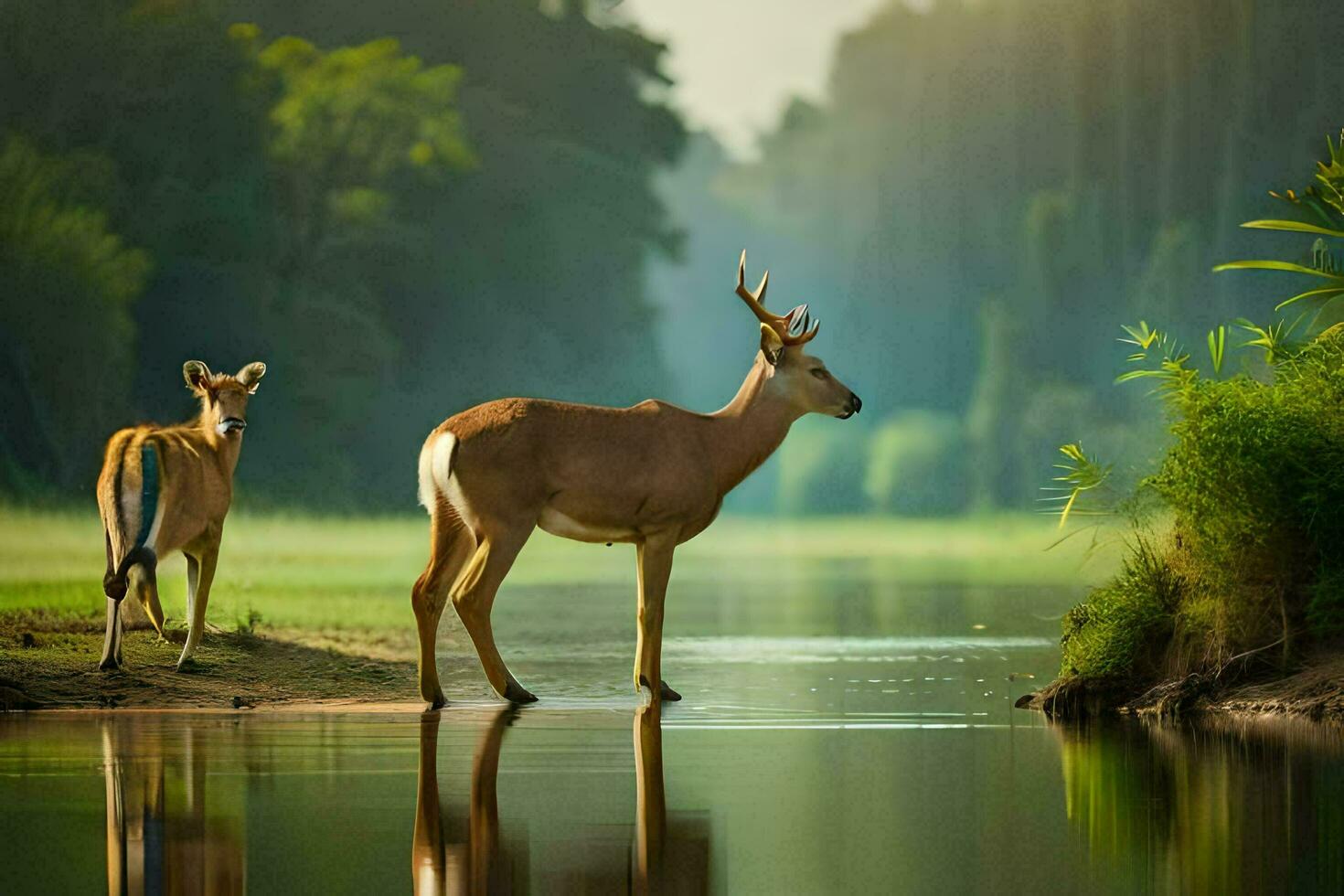 two deer standing next to a river in the forest. AI-Generated photo