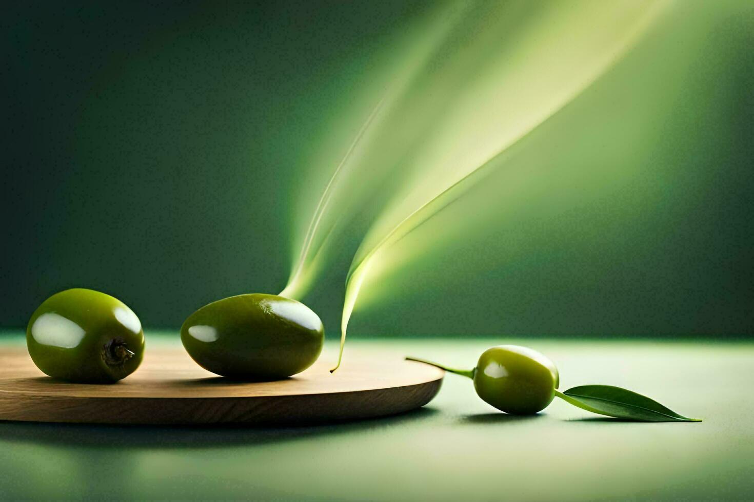 olives on a wooden board with smoke coming out of them. AI-Generated photo