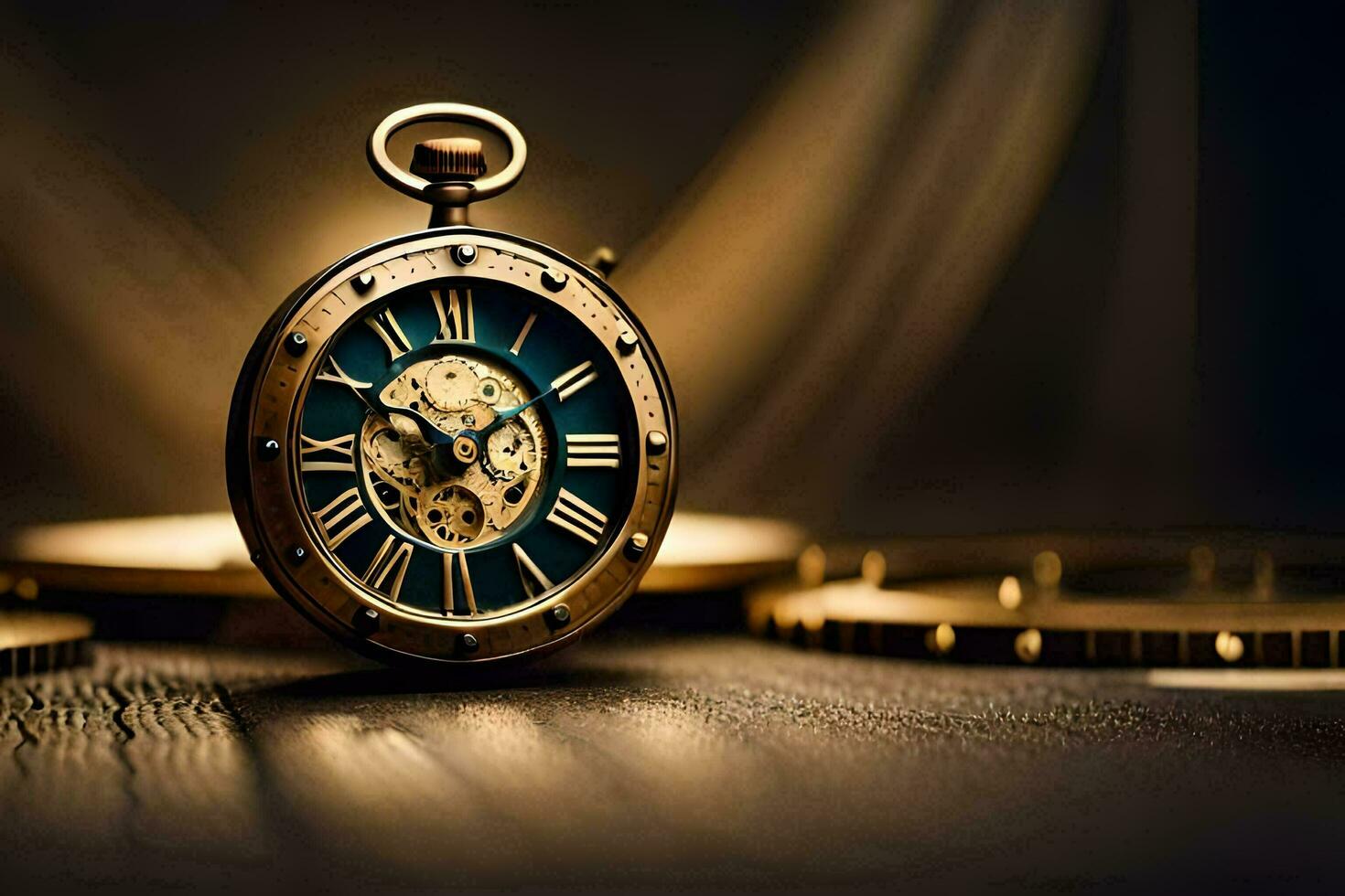 a golden pocket watch on a wooden table. AI-Generated photo
