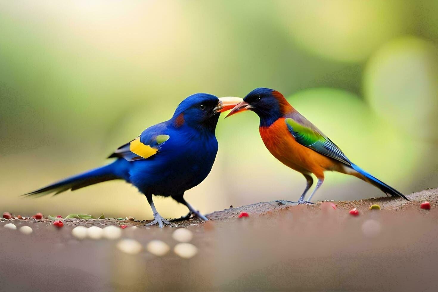 two colorful birds standing on a branch with food. AI-Generated photo