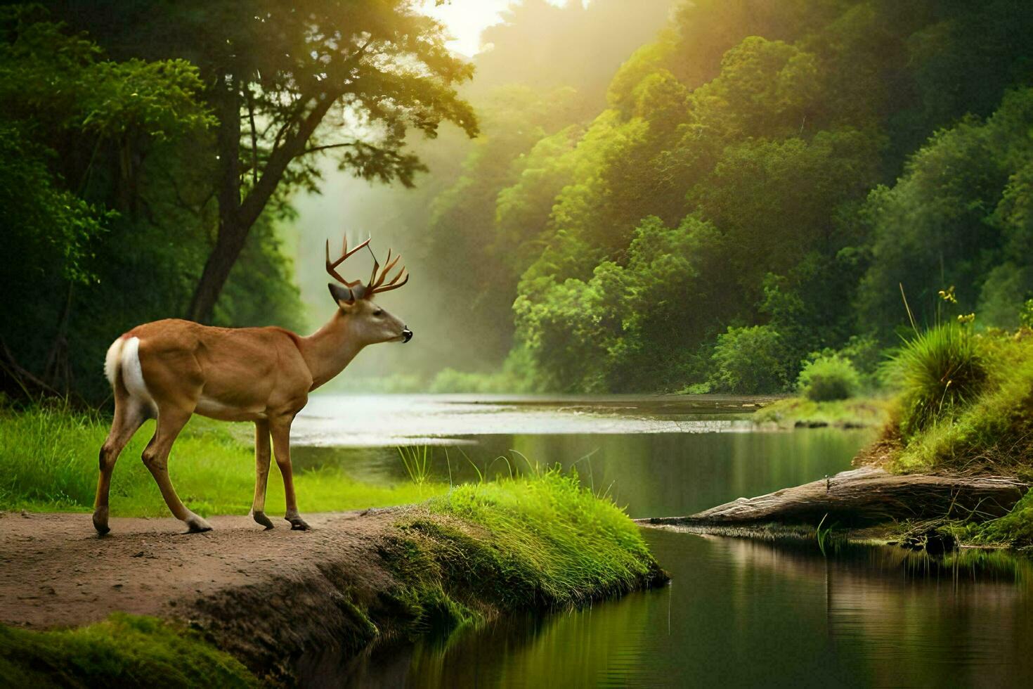 a deer stands on a path near a river. AI-Generated photo