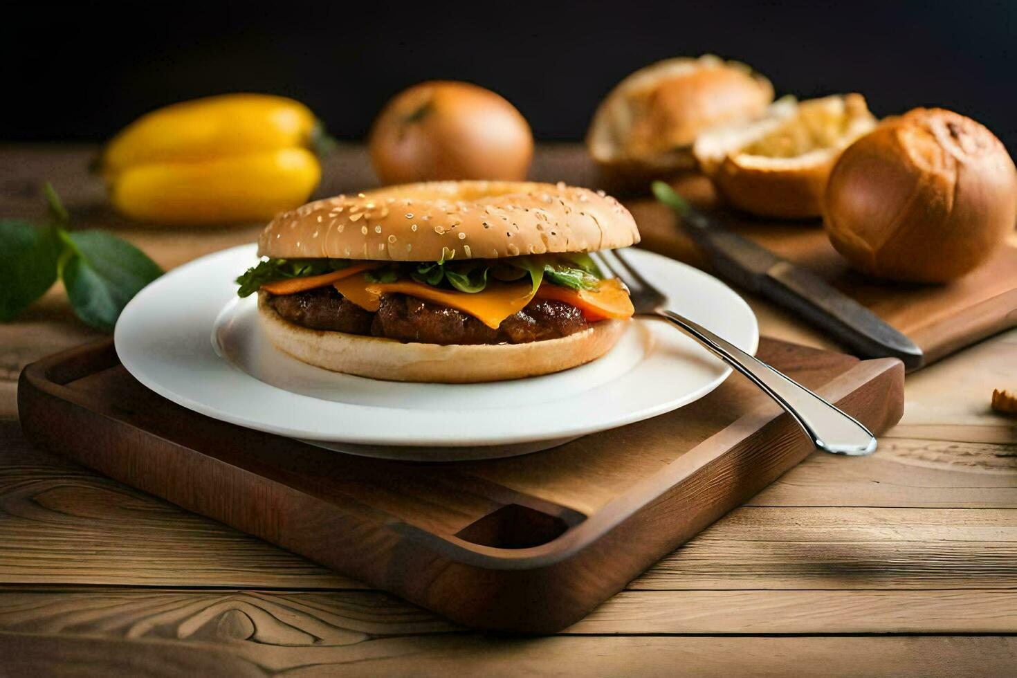 a hamburger on a plate with a knife and a knife. AI-Generated photo