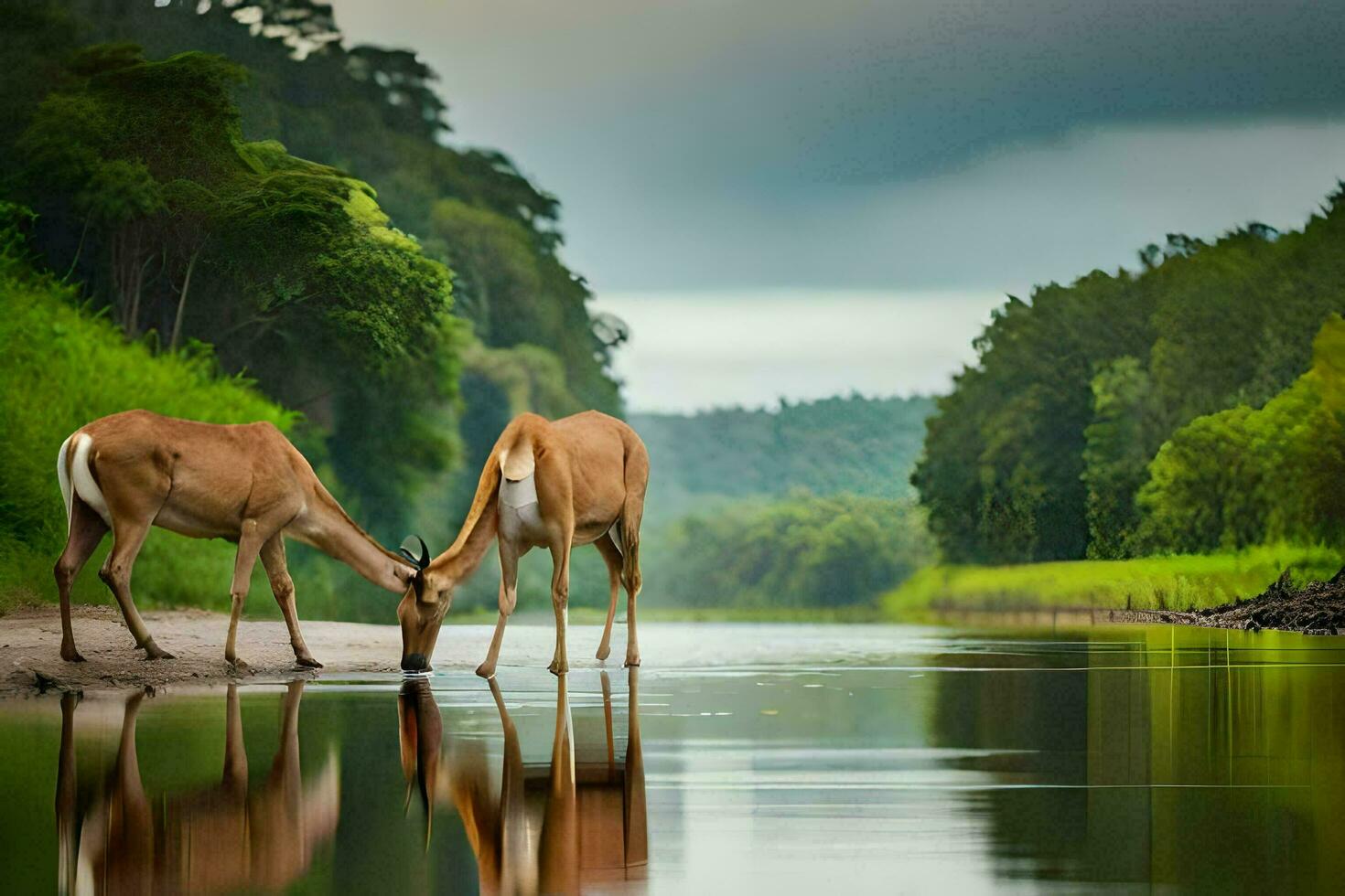 dos ciervo Bebiendo agua desde un río. generado por ai foto