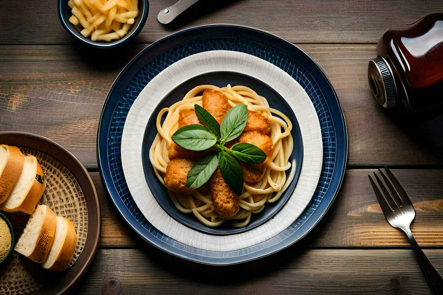 a plate of spaghetti and bread with a sandwich. AI-Generated photo