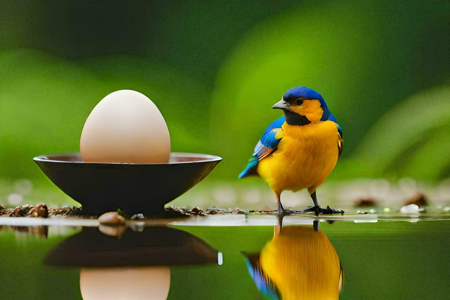 the bird is standing on the water and the egg is in the bowl. AI-Generated photo