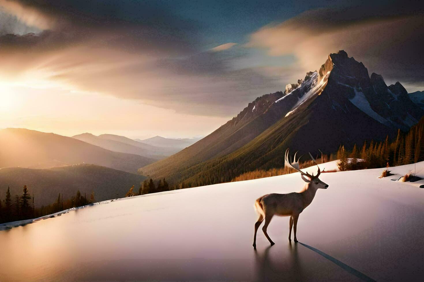 a deer stands in the snow in front of a mountain. AI-Generated photo