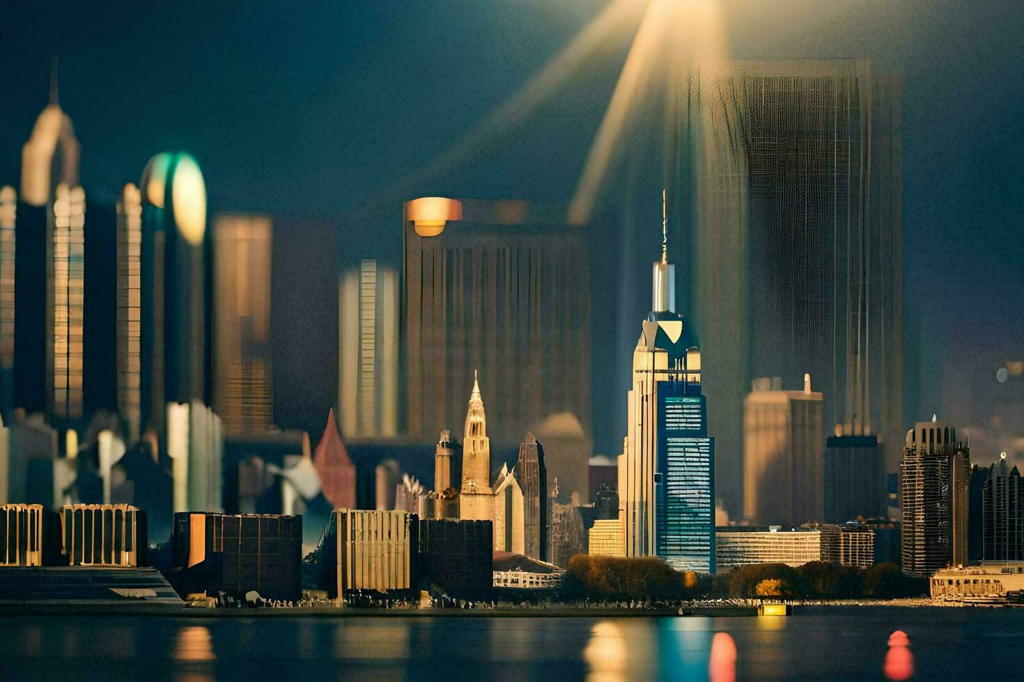 a city skyline with a bright light shining on it. AI-Generated photo