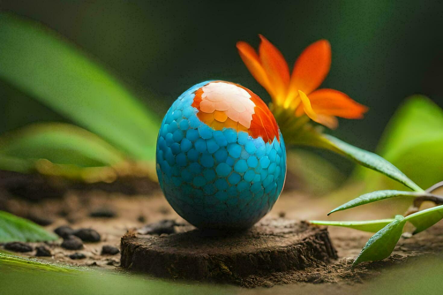 a colorful egg sitting on top of a stump. AI-Generated photo