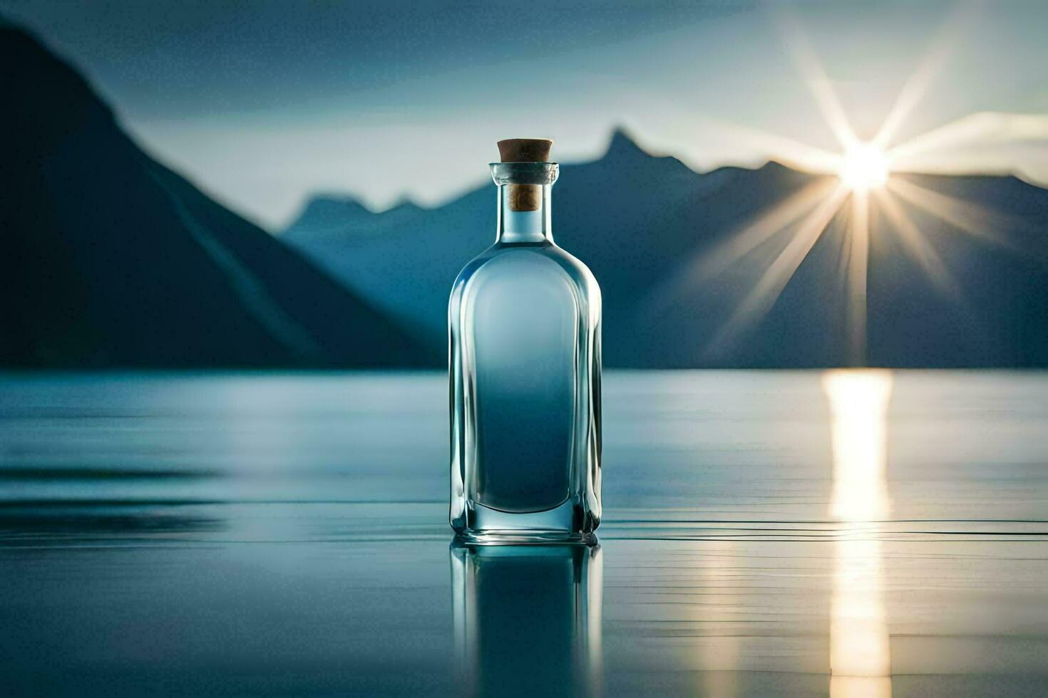 un botella de agua se sienta en el agua con montañas en el antecedentes. generado por ai foto