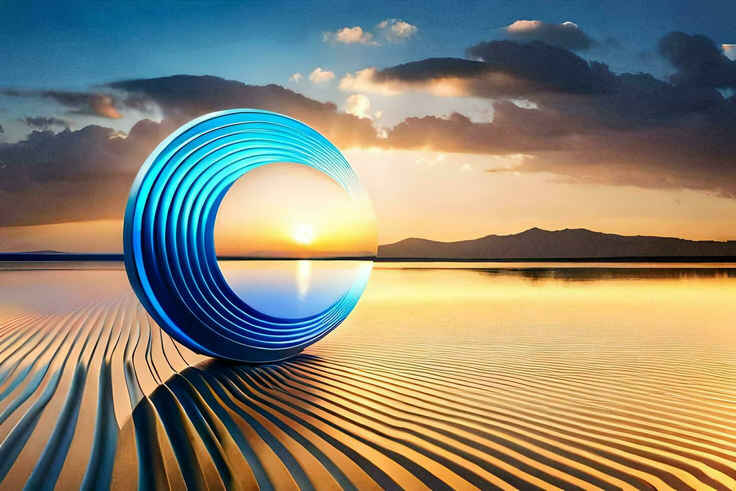 the sun is setting over a lake with a blue circle. AI-Generated photo