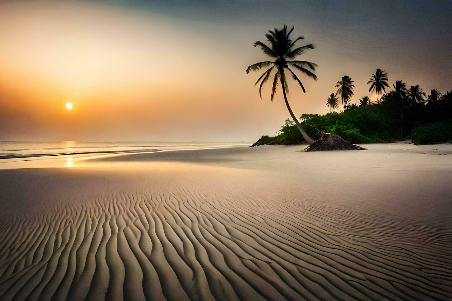 a palm tree stands on the beach at sunset. AI-Generated photo