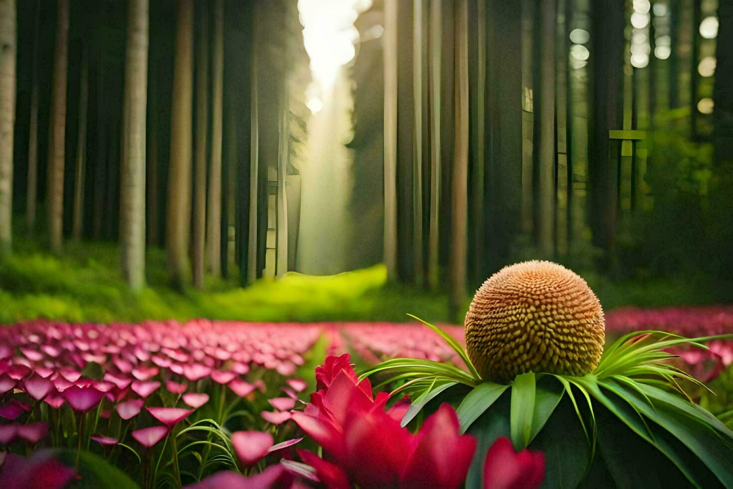 a flower in the middle of a forest. AI-Generated photo