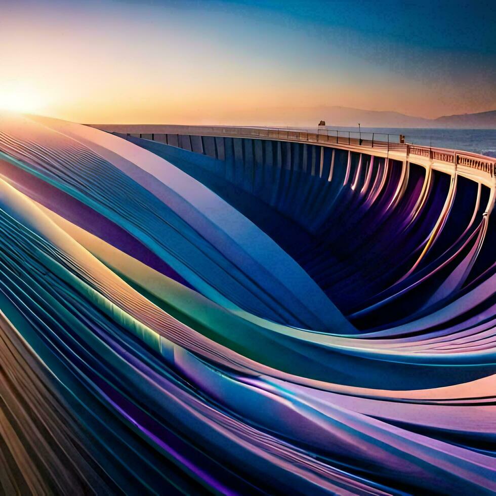 a colorful wave of water flowing over a bridge. AI-Generated photo