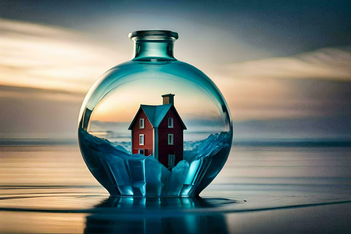 a house in a bottle on the beach. AI-Generated photo