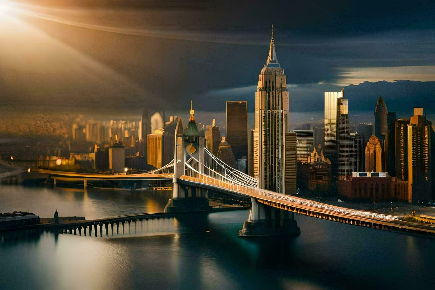 the sun shines over the city skyline and bridge. AI-Generated photo