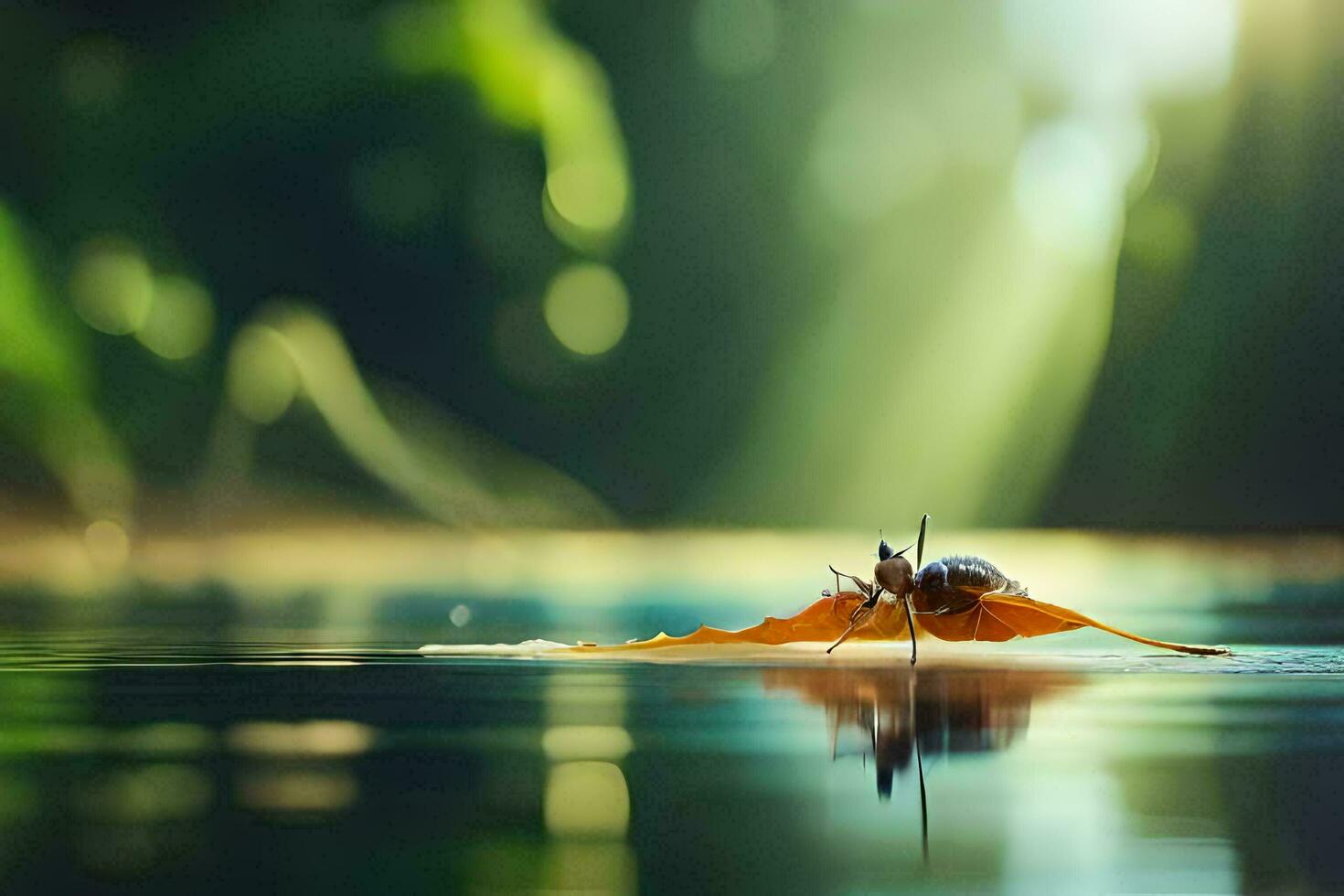 a bug sitting on a leaf in the water. AI-Generated photo