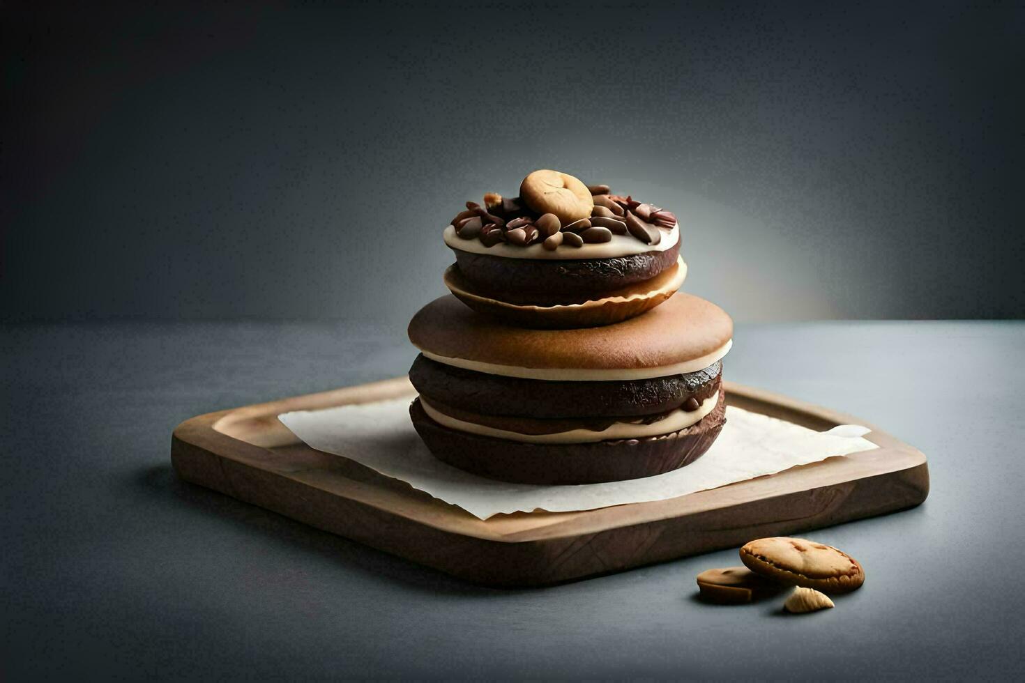 a stack of chocolate and peanut butter sandwiches on a wooden tray. AI-Generated photo