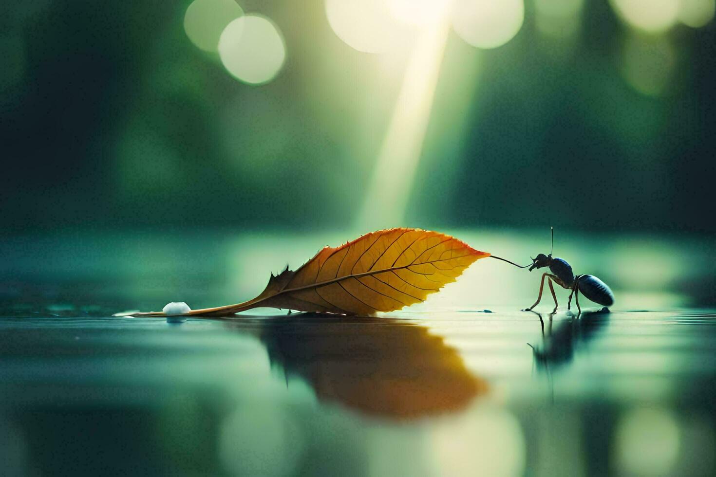 a bug and a leaf on the water. AI-Generated photo